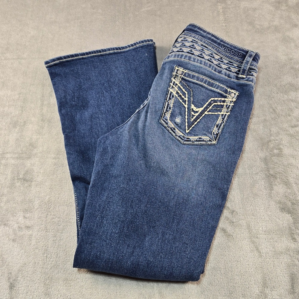 Vigoss Flare Jeans Womens 12 Dark Blue Heritage Fit Mid Rise Embroidered Western
